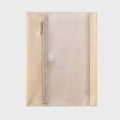 A translucent beige zippered document pouch with a snap button closure, shown flat against a light gray background.