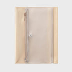 A translucent beige zippered document pouch with a snap button closure, shown flat against a light gray background.