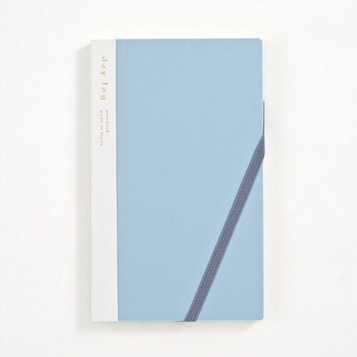 A light blue hardcover day log notebook with a white spine band and a dark gray elastic closure, shown on a clean white background.