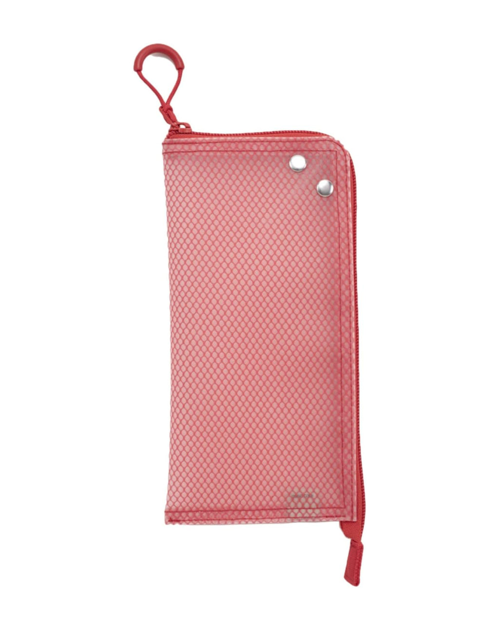 A red mesh zippered pouch with a carrying loop at the top and two silver metal snap buttons, shown against a plain white background.