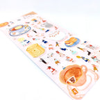 Sticker sheet with theme of afternoon tea with little friends on pink back card placed on white background.