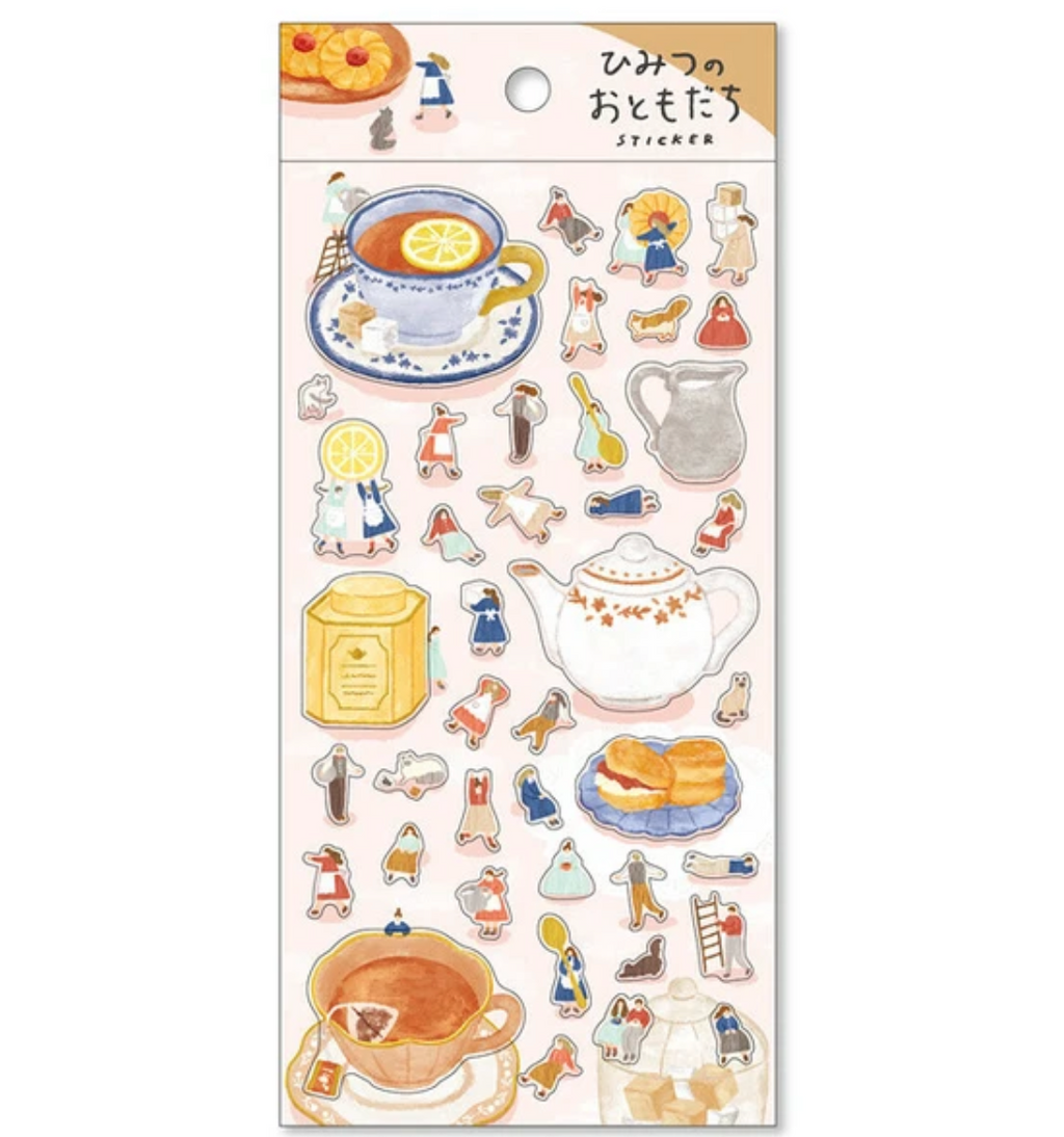 Sheet of decorative stickers featuring tea-themed illustrations on a white background.