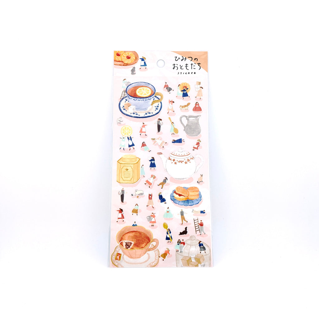 Sticker sheet with theme of afternoon tea with little friends on pink back card placed on white background.