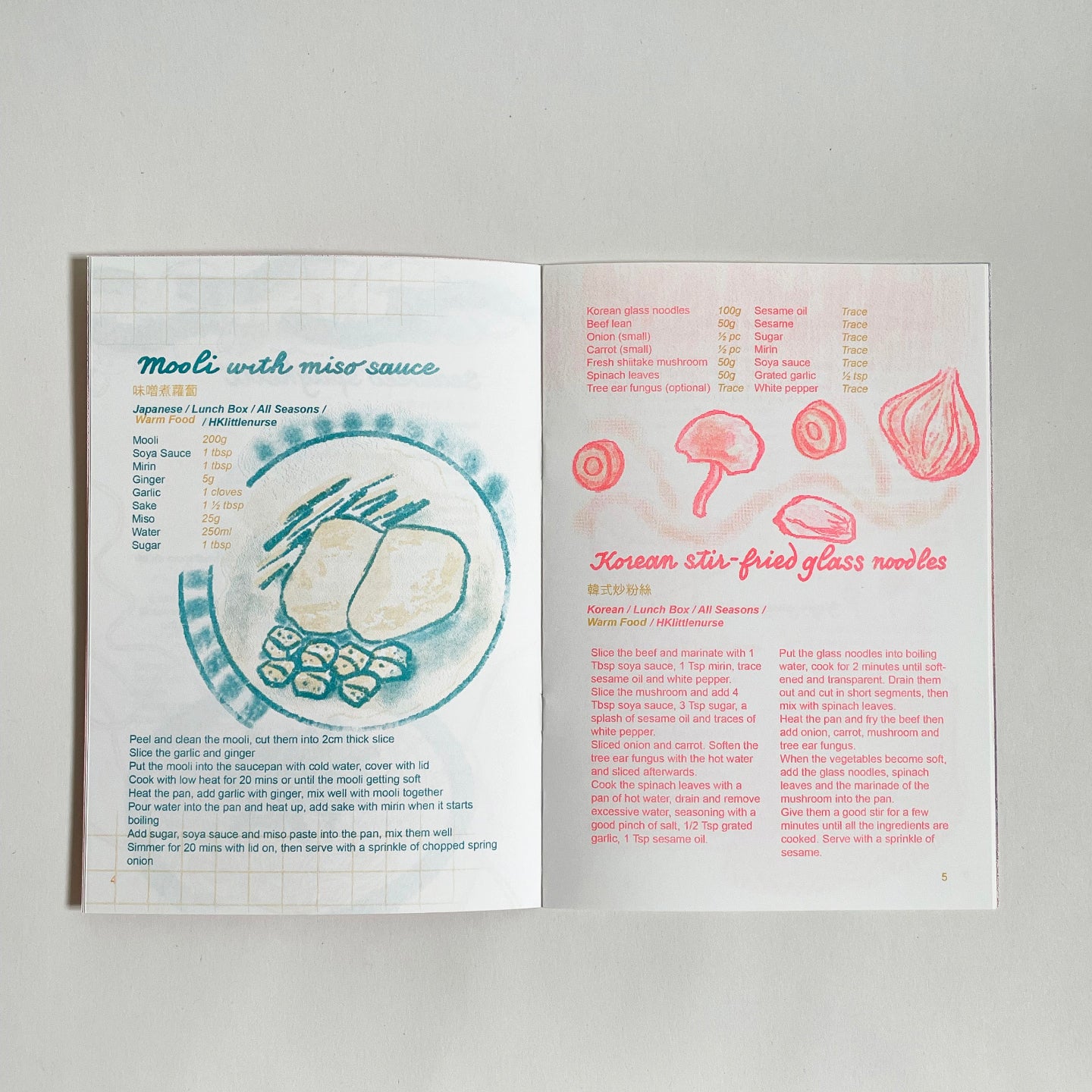 Open book with recipes for miso with miso sauce and Korean stir-fried glass noodles.