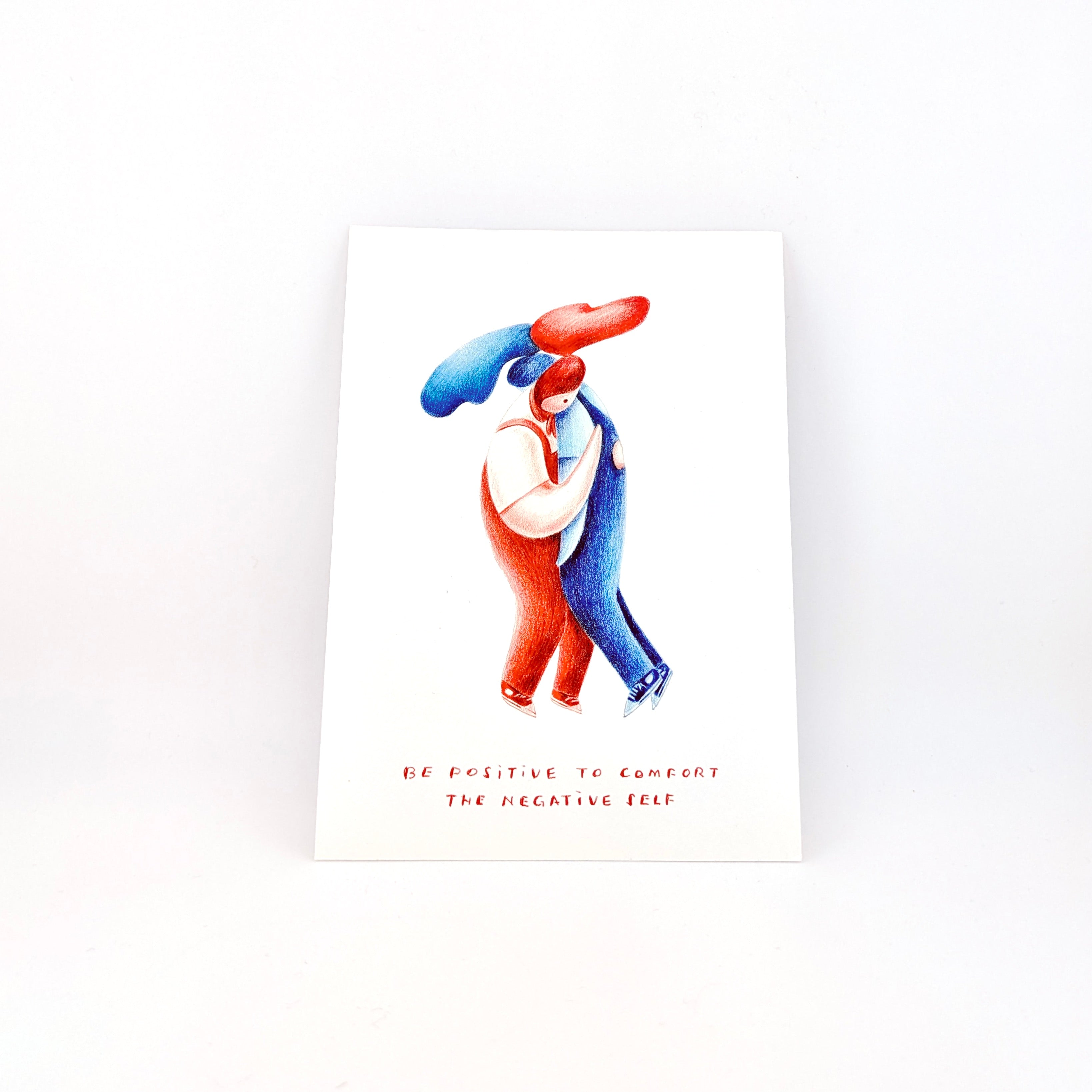 Art print of red and blue colour pencil illustration on white background.
