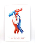 Art print of red and blue colour pencil drawings on white background.