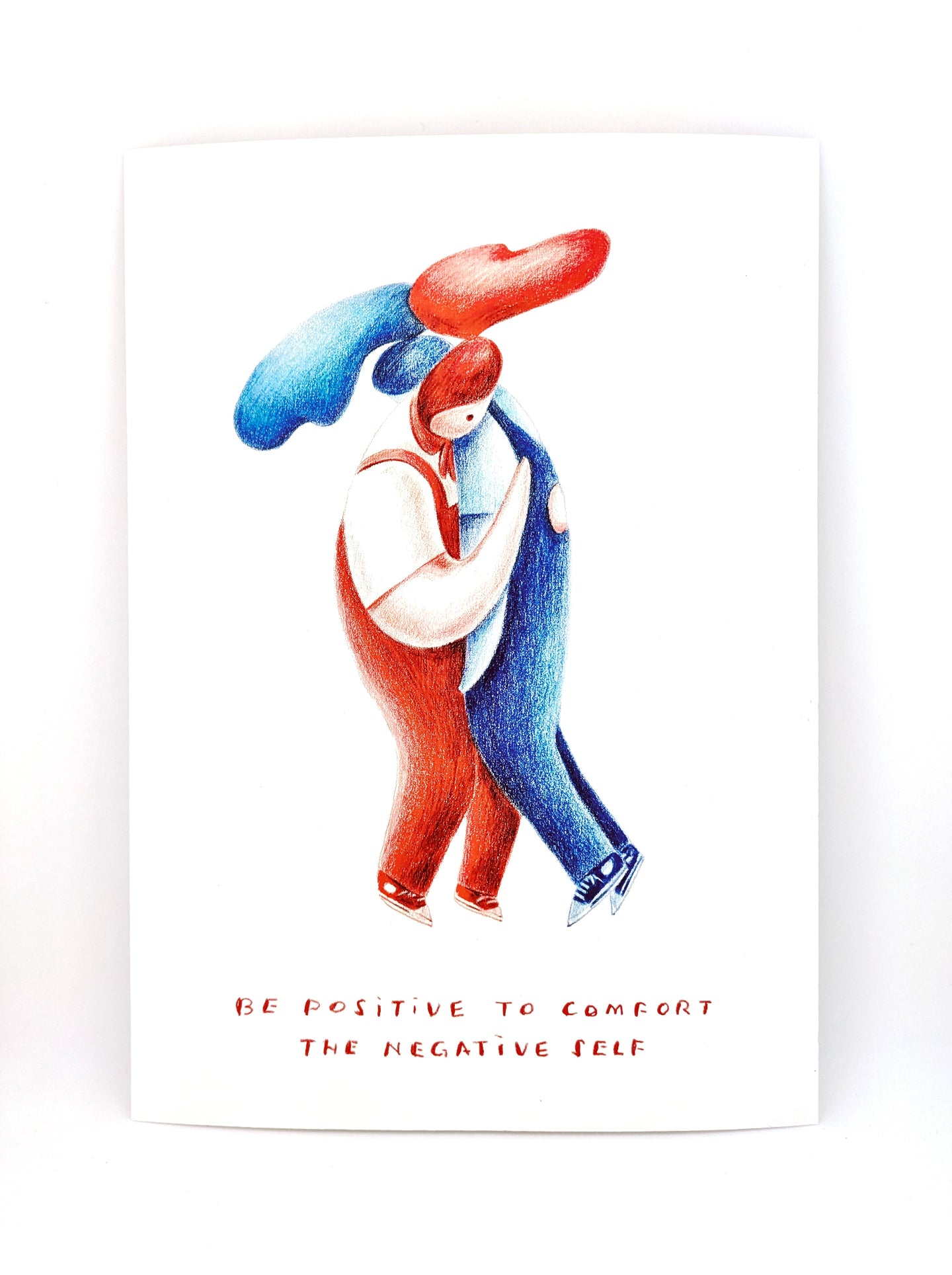 Art print of red and blue colour pencil drawings on white background.