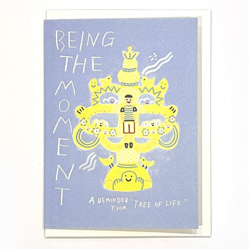 Front image of light blue greeting card with a yellow illustration.