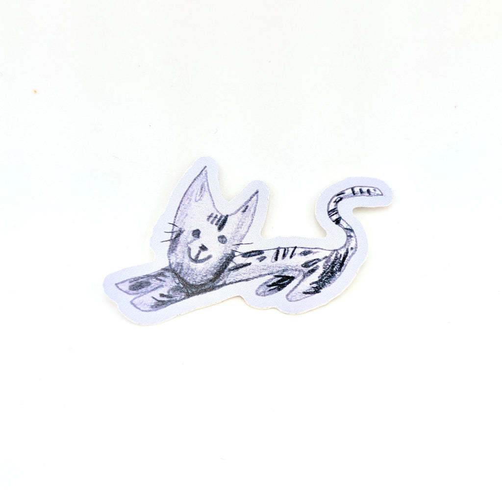 Sticker of cat illustration in purple on white background.