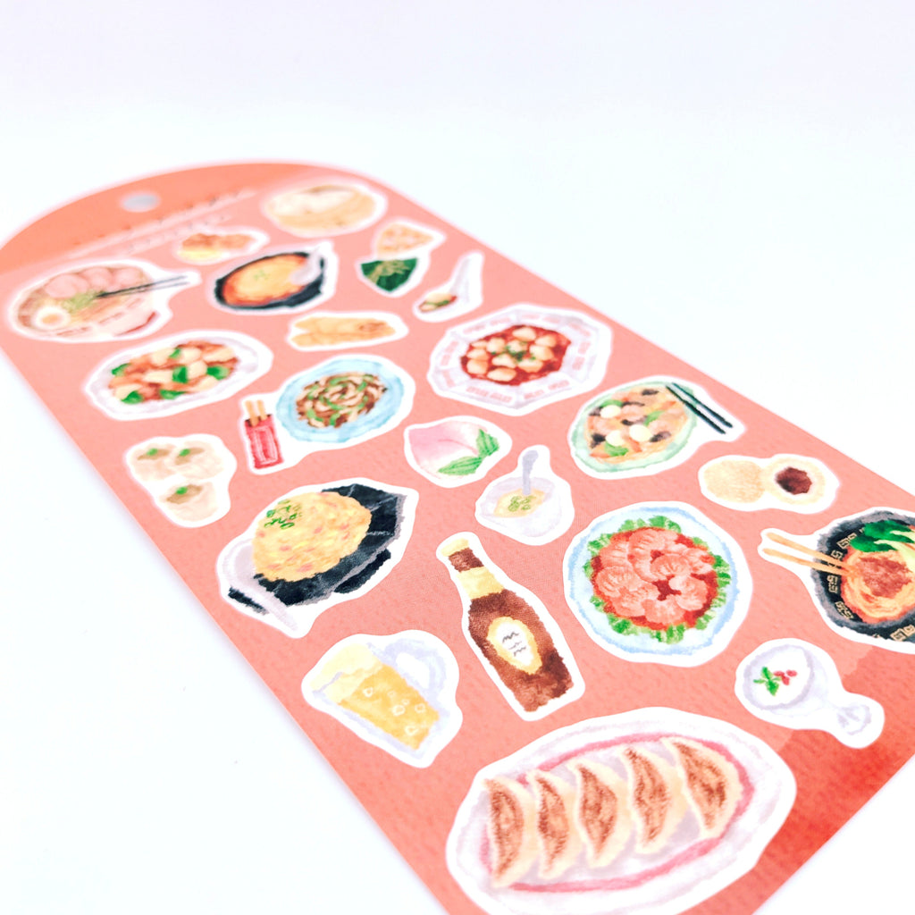 Sheet of Chinese food-themed stickers on a red back card, placed on white background.