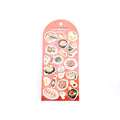 Sheet of Chinese food-themed stickers on a red back card, placed on white background.