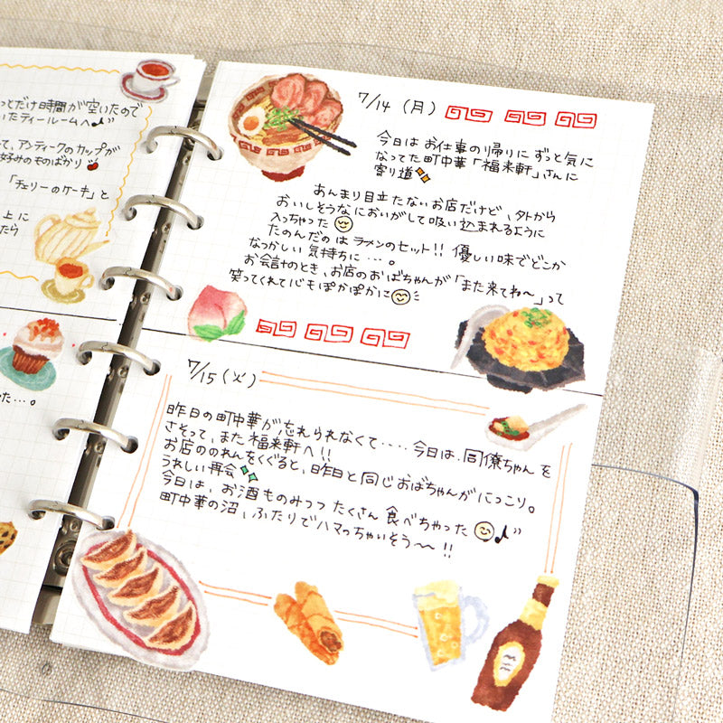 A diary written in Japanese applied with chinese food and beer sticker.