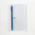 Clear pouch with a blue zipper on a white background