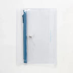Clear pouch with a blue zipper on a white background