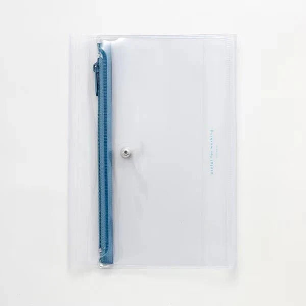 Clear pouch with a blue zipper on a white background