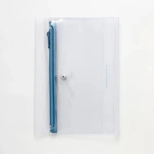 Clear pouch with a blue zipper on a white background