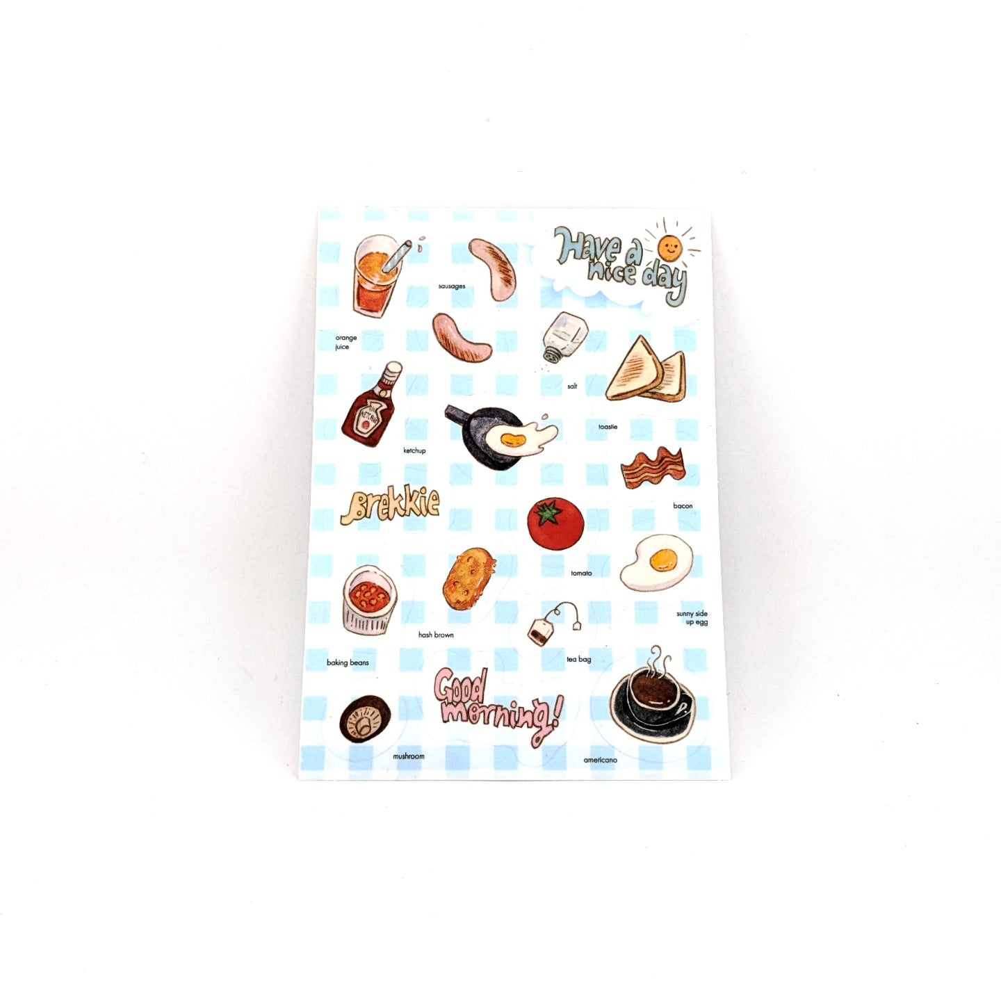Sheet of breakfast-themed stickers with icons and text on a white background