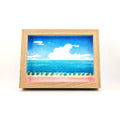 Colour pencil drawing of sea view in wooden texture frame on white background.