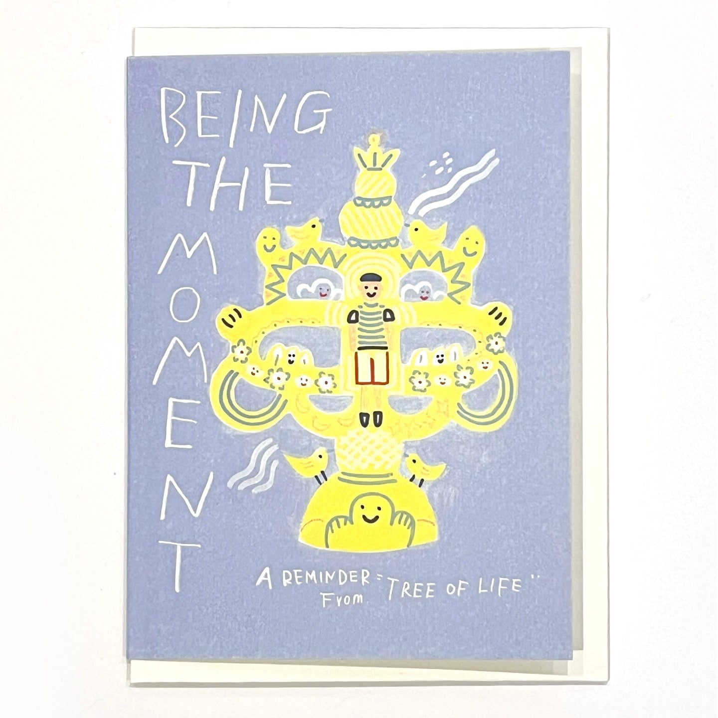 Card with a yellow Tree of Life illustration and text on a light blue background