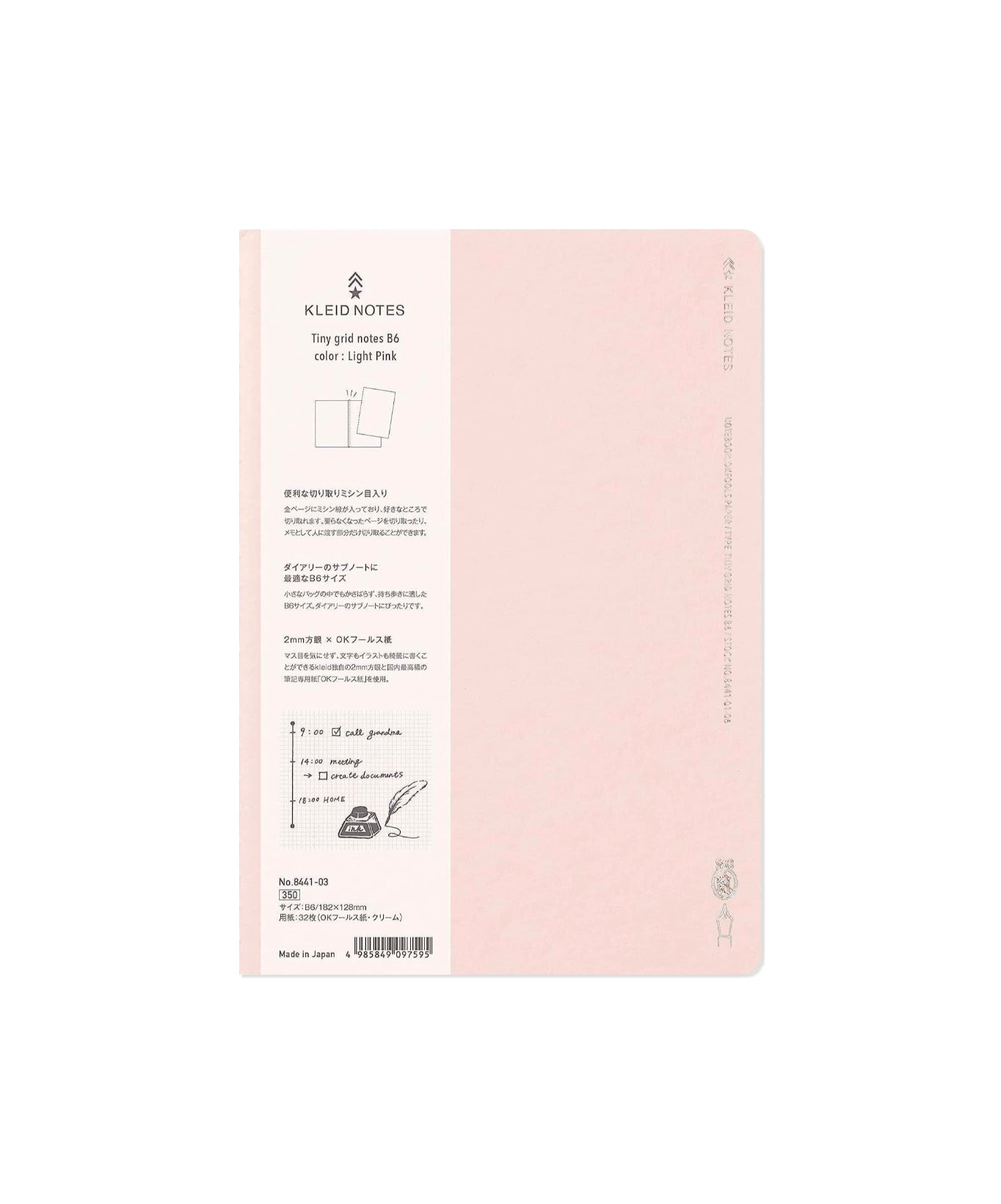 A Kleid Notes paper notebook in light pink, showing the back cover with product details, text, and a barcode on a plain white background.