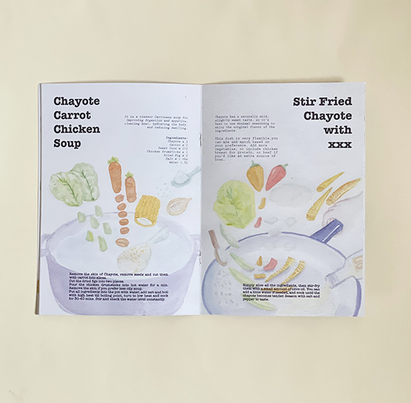 Opened book with pot image and ingredients on both pages, set against light yellow background.