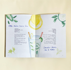 Opened book with iced drink illustration in the middle of both pages, set against light yellow background.