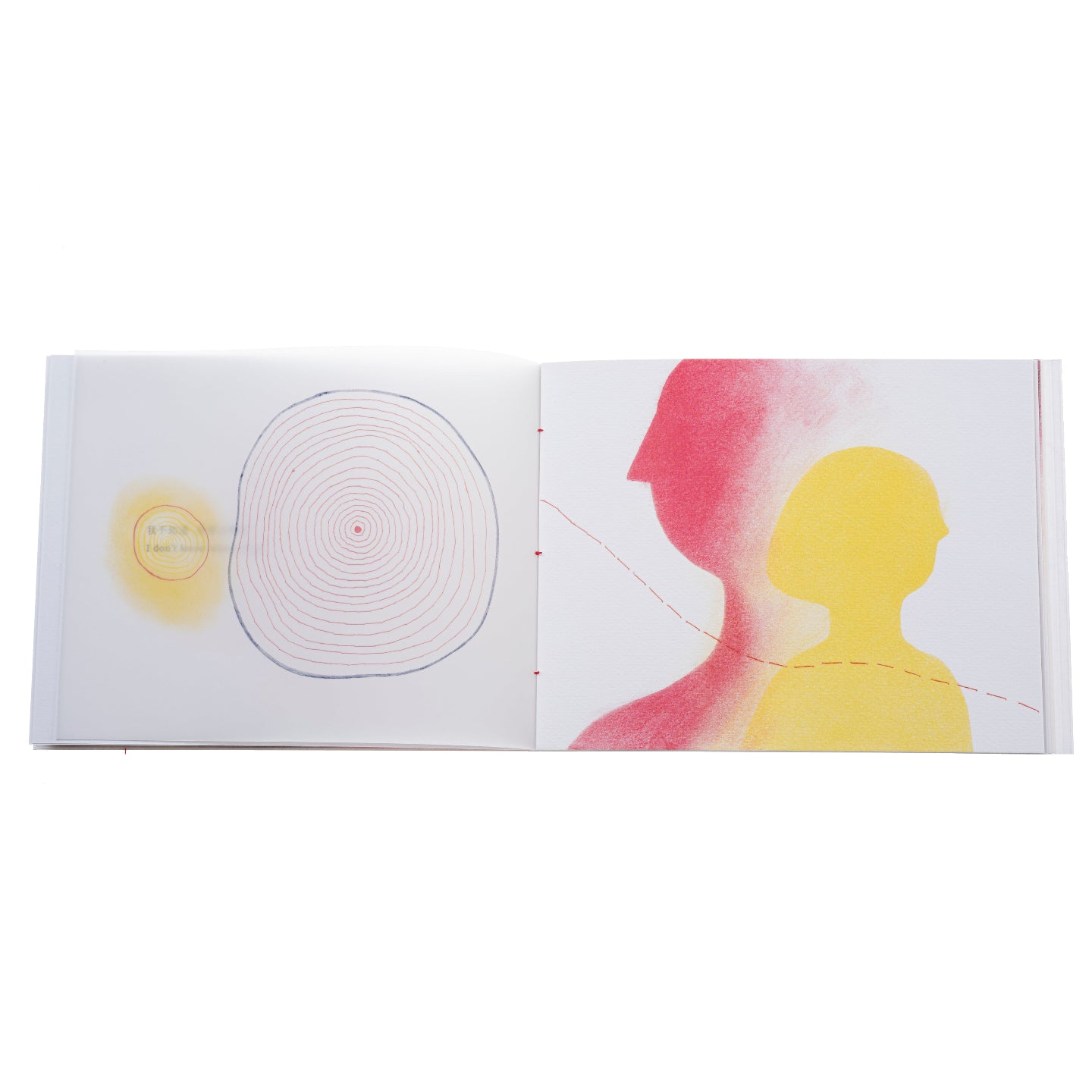 Inside pages of zine with red and yellow graphic.