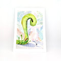 Illustration of a green snake with a colorful background on a white card.