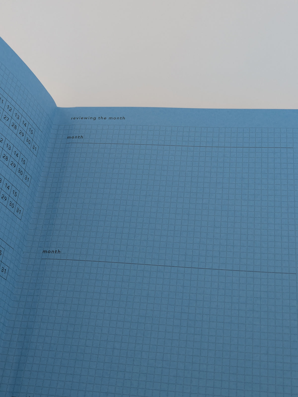 A light blue grid planner or notebook page with printed month labels and blank lines for writing, photographed against a white background.