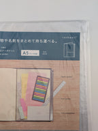 A packaged Isshoni A5 clear organizer pocket notebook shown in its retail sleeve, featuring a dark blue header with product details and a mockup of the notebook with pastel stationery and a ruler on a wood-grain background.