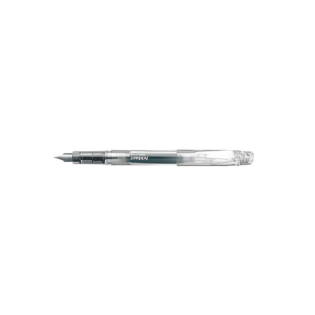 Transparent plastic fountain pen on white background.