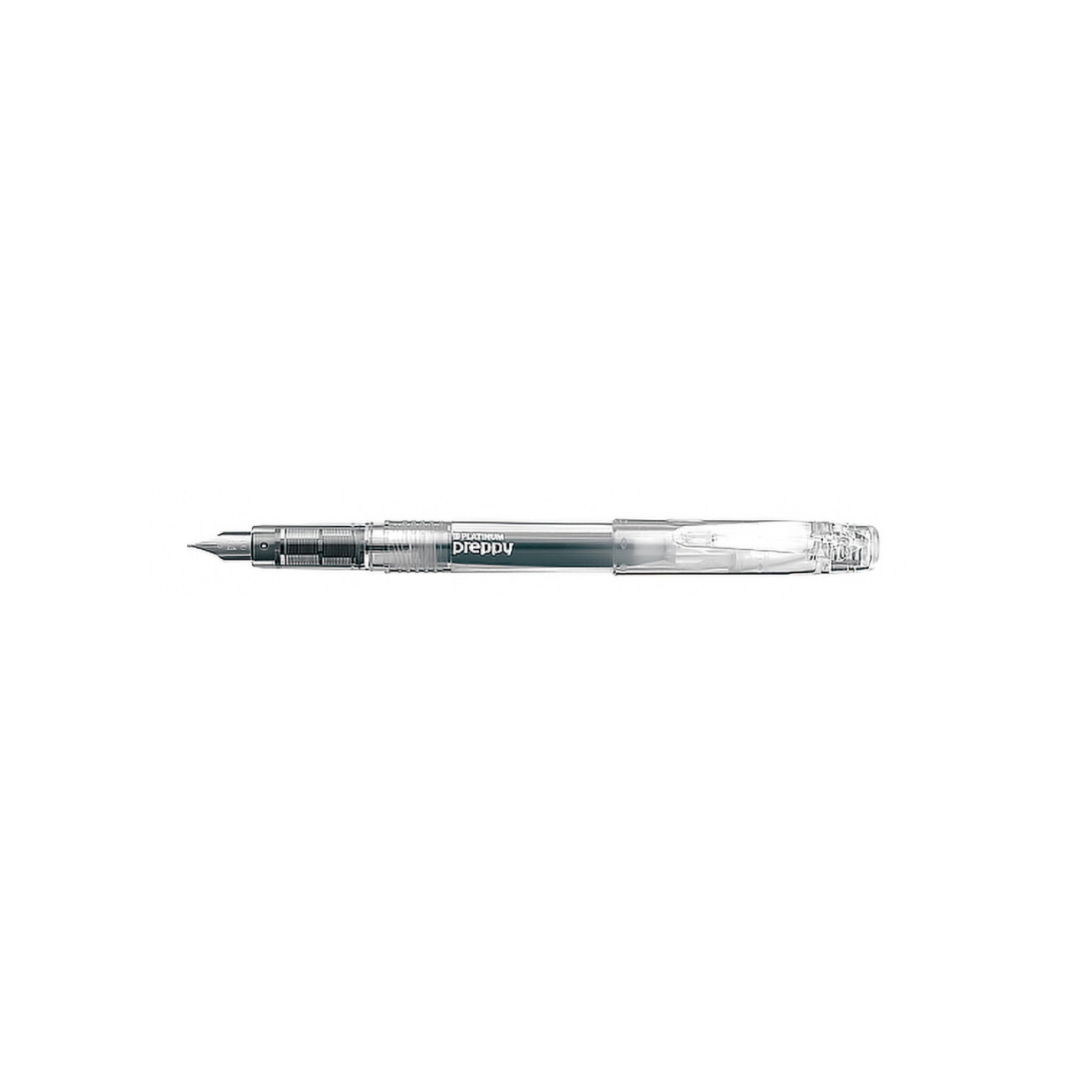 Transparent plastic fountain pen on white background.
