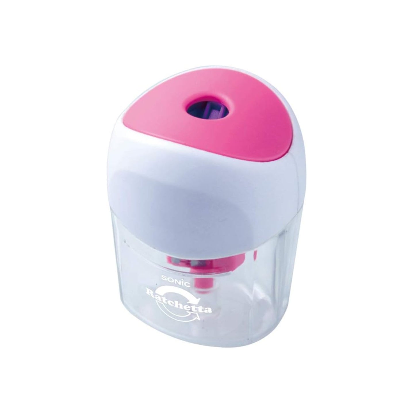 Pink sharpener on white background.