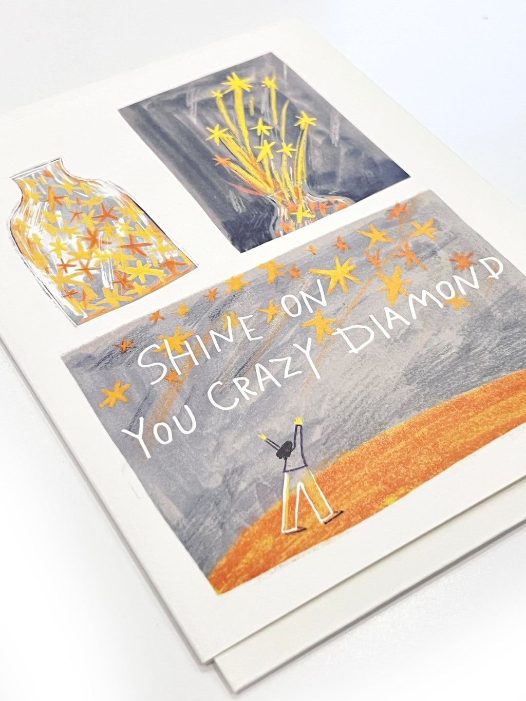 Greeting card with 'Shine on you crazy diamond' text and artistic design on white background.