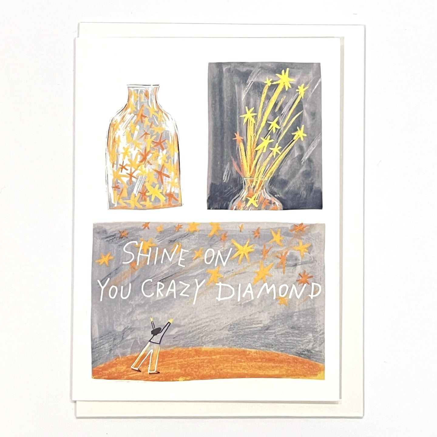 Front image of greeting card "Shine on you crazy diamond" with yellow and grey illustration on white background.