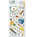Sticker sheet with theme of stationery with little friend with blue back card on a white background.
