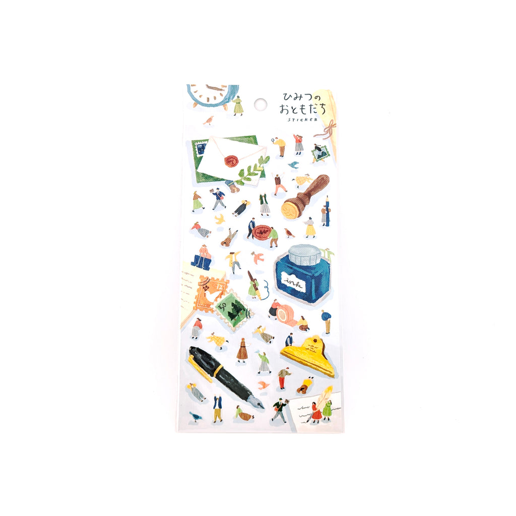 Sticker sheet with theme of stationery with little friend with blue back card on a white background.
