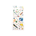 Sticker sheet with theme of stationery with little friend with blue back card on a white background.