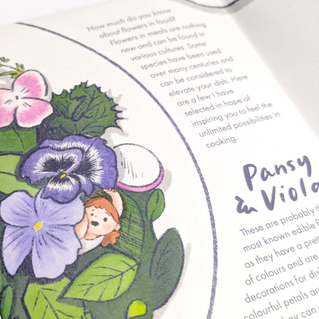 Illustration of a little kid hidden among flowers with text on a white background.