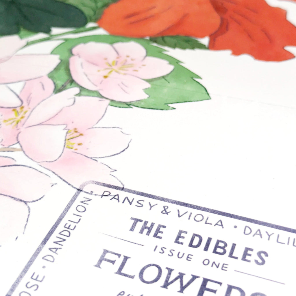 Floral illustration with stamp overlay on a white background.
