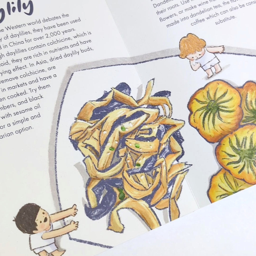 Inside page of zine with illustration of food and text on white background.