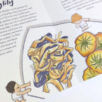 Inside page of zine with illustration of food and text on white background.
