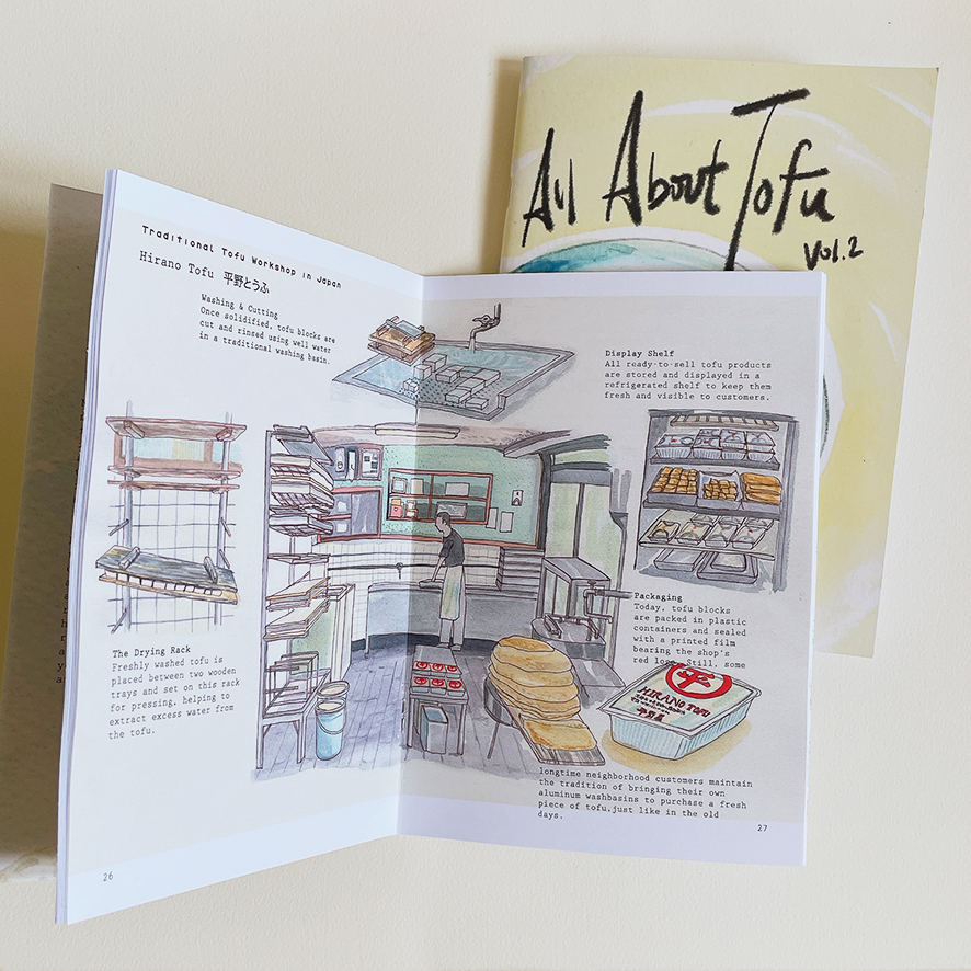 One open book with illustration illustration on top of another closed book titled All About Tofu Vol.2, set against cream white background.