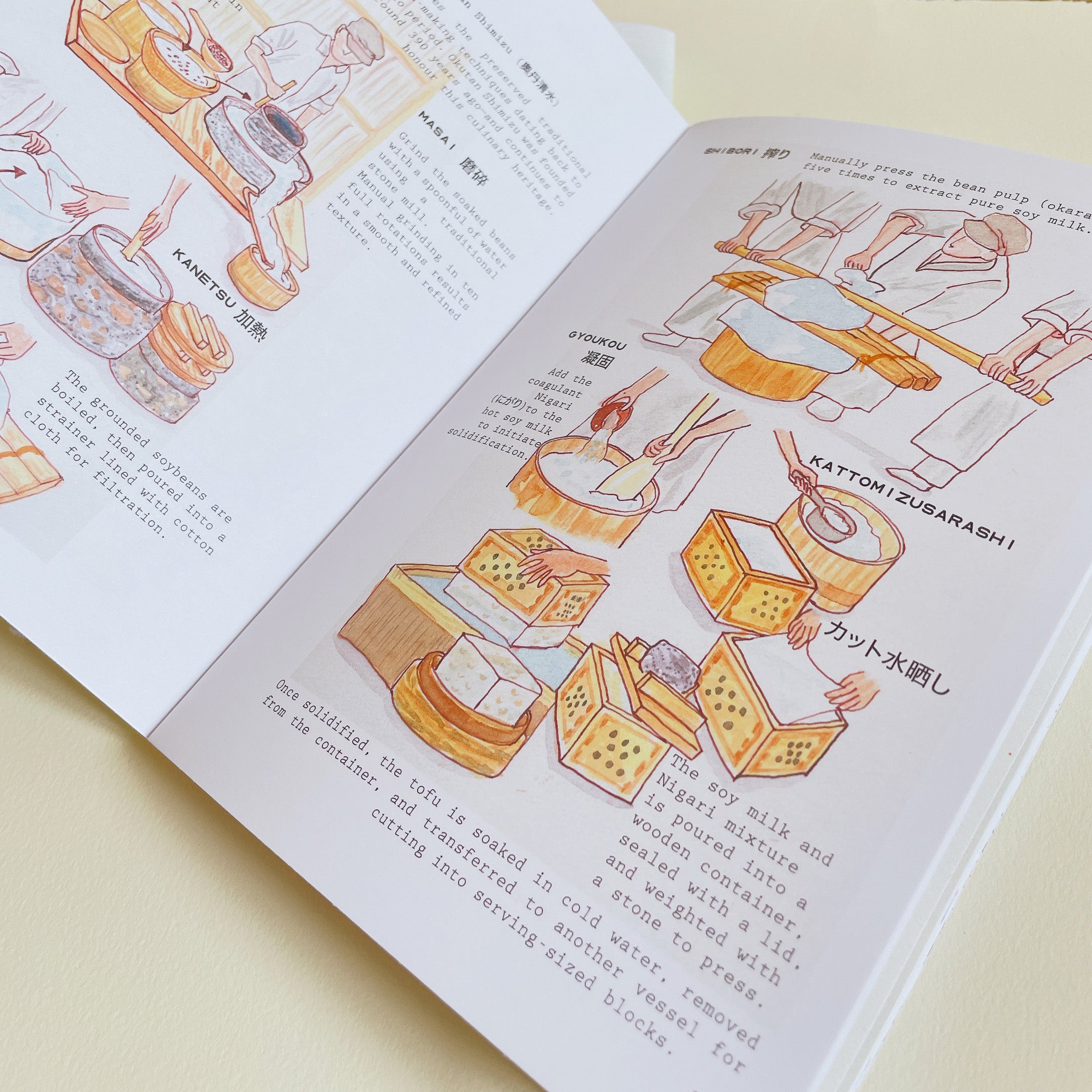 Opened book with tofu making illustration set against cream white background.