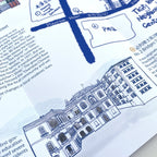 Map with architectural illustration and text details on a white background.