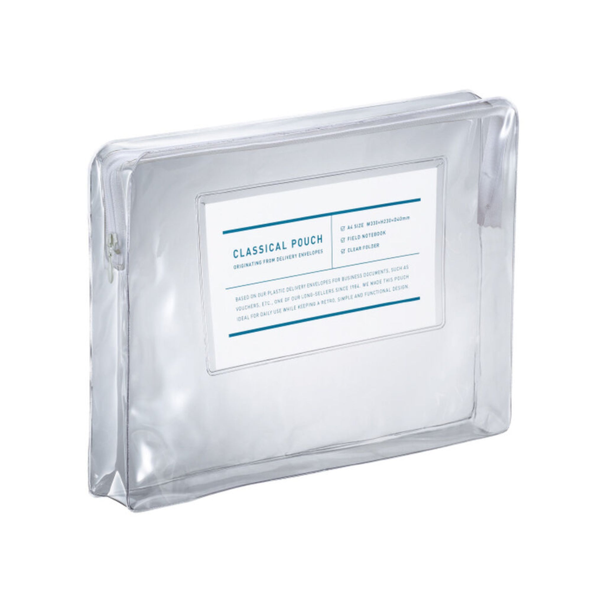 Transparent case with zipper on white background.