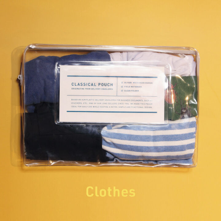 Transparent case with zipper packed with clothes on yellow background.