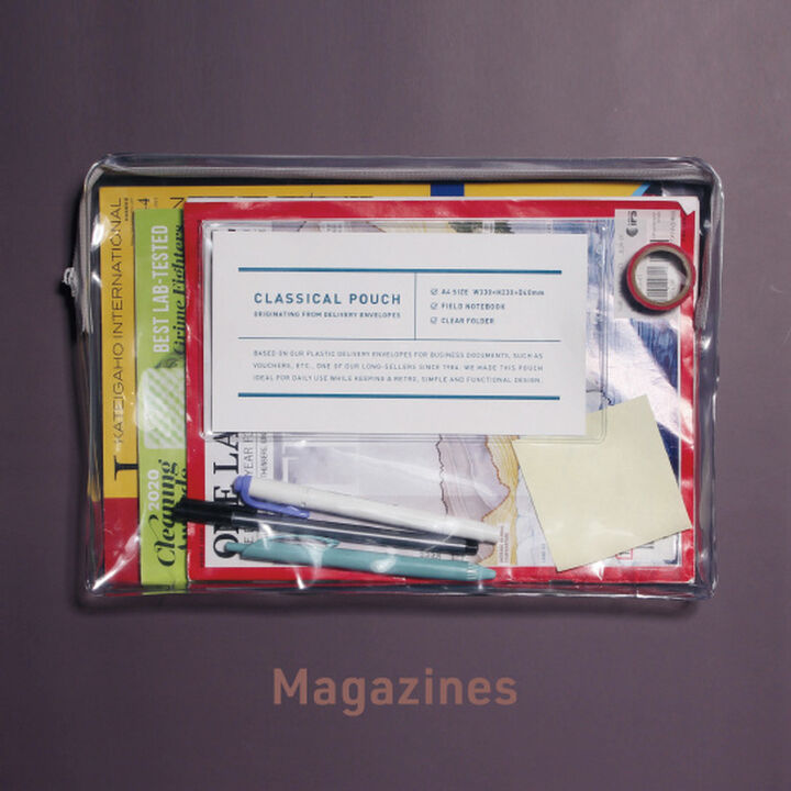 Transparent case with zipper packed with books and pens on purple background.
