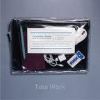 Transparent case with laptop, mouse, cable and stationery on grey background.