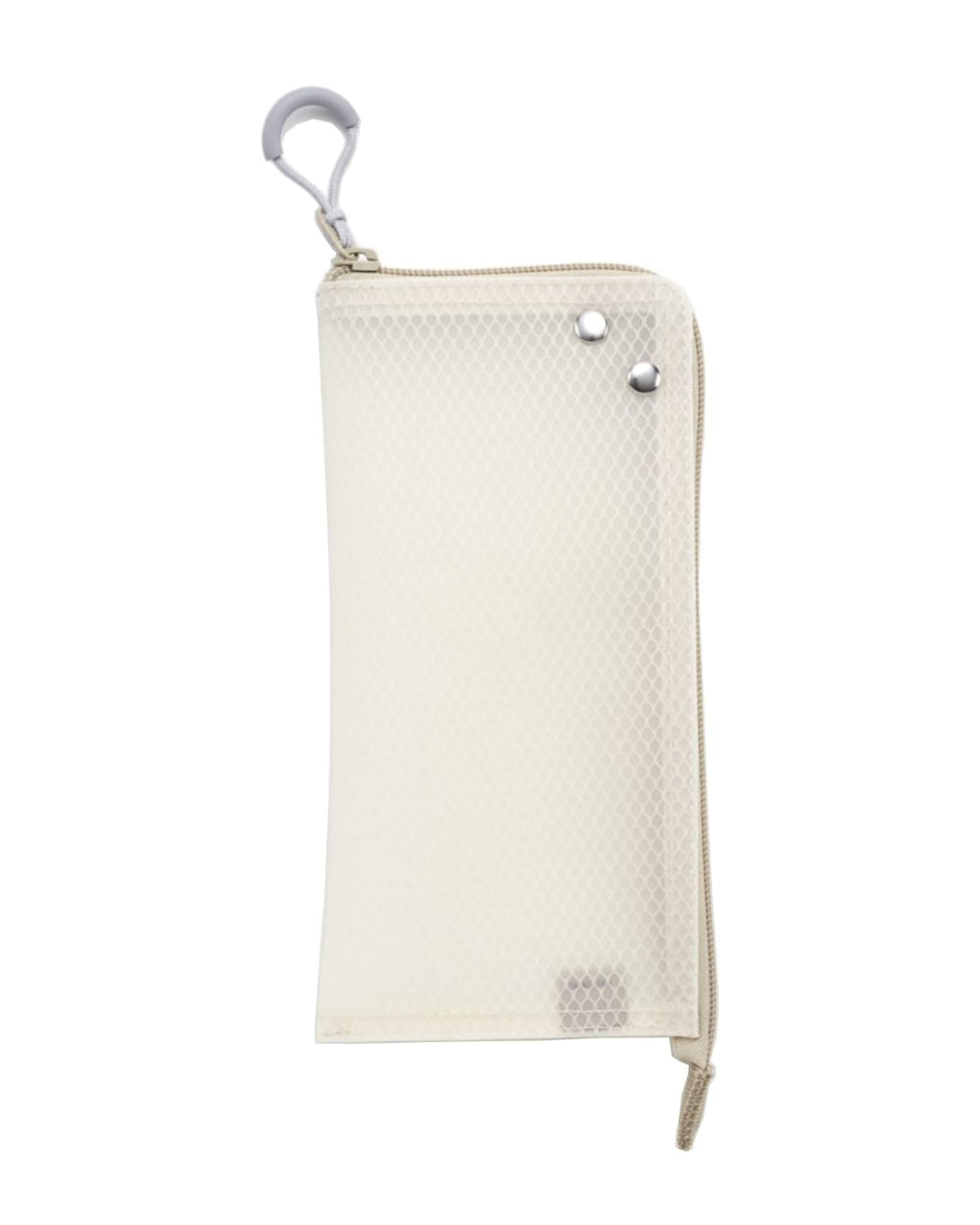 Cream white mesh pencil pouche with beige zipper and a grey ring tied to the zipper head shown on a plain light background.